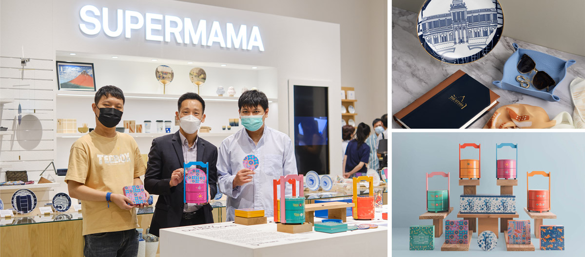 Left: SG Enable board member Mr Xie Yaoquan at the "Breathing Batik" preview at Supermama. Top right: state gifts commissioned by the Istana. Bottom right: the "Breathing Batik" lacquerware