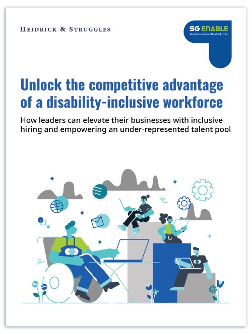 First Local Study on the Business Case for Disability-Inclusive Employment - Outside Cover page of the study we published with Heidrick & Struggles. It is branded by both organisations' logos, and features a blue graphic with the title "Unlock the competitive advantage of a disability-inclusive workforce."