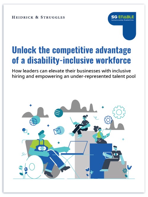 Cover page of the study we published with Heidrick & Struggles. It is branded by both organisations' logos, and features a blue graphic with the title "Unlock the competitive advantage of a disability-inclusive workforce."