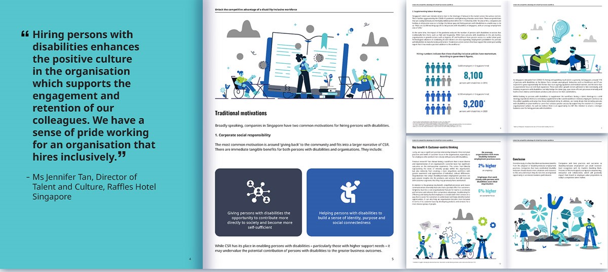 Inner pages of the study on disability-inclusive employment. It features quotes, rows of text, statistics and blue illustrated graphics.