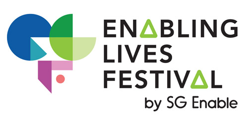 Logo of Enabling Lives Festival by SG Enable. The As in Enabling and Festival are replaced with green deltas. The logo is made up of blue, green and pink.