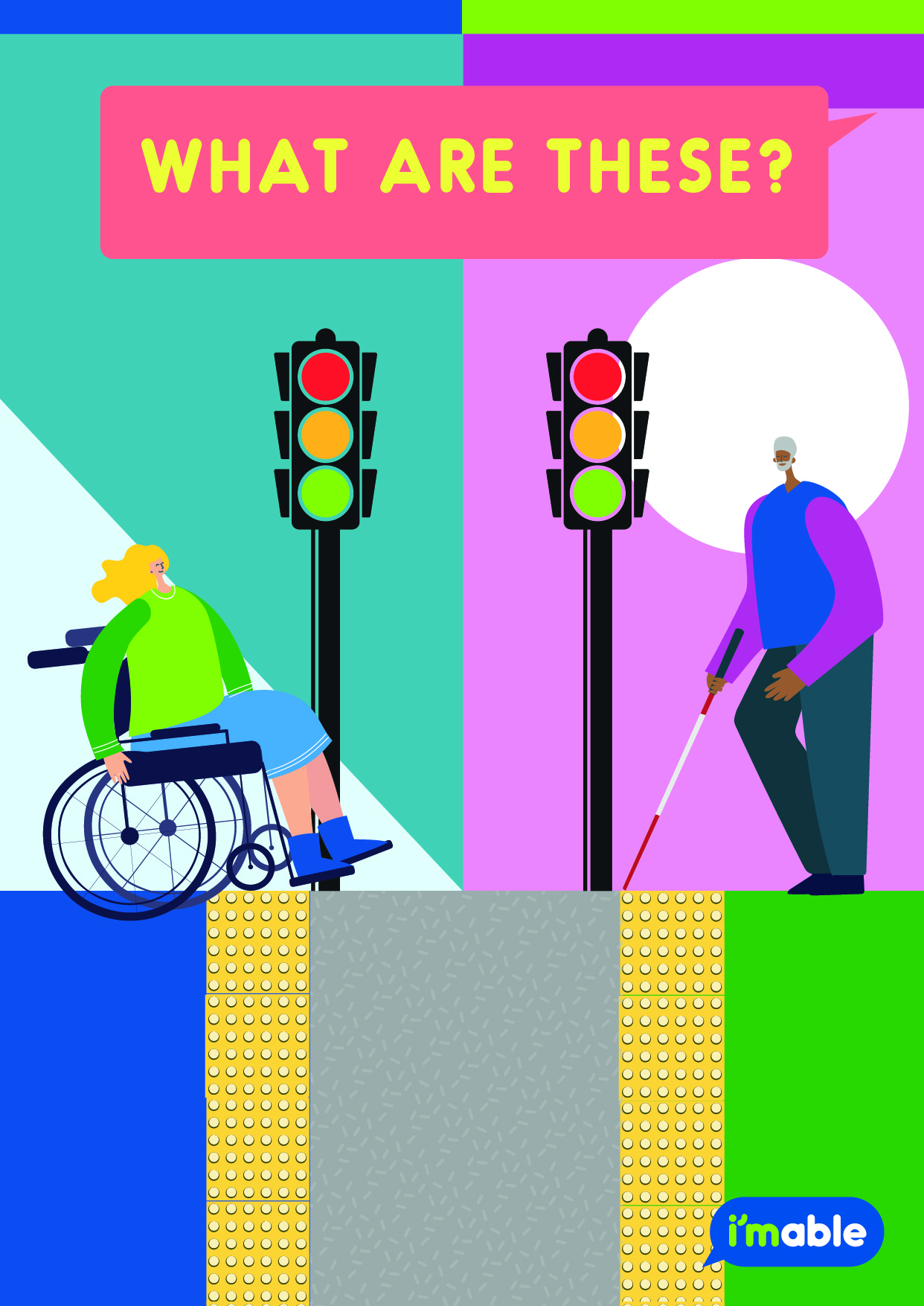 Illustration of two people, one with a walking stick the other in a wheelchair, at a traffic junction.