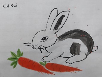 A Chinese painting of a rabbit with two radishes.