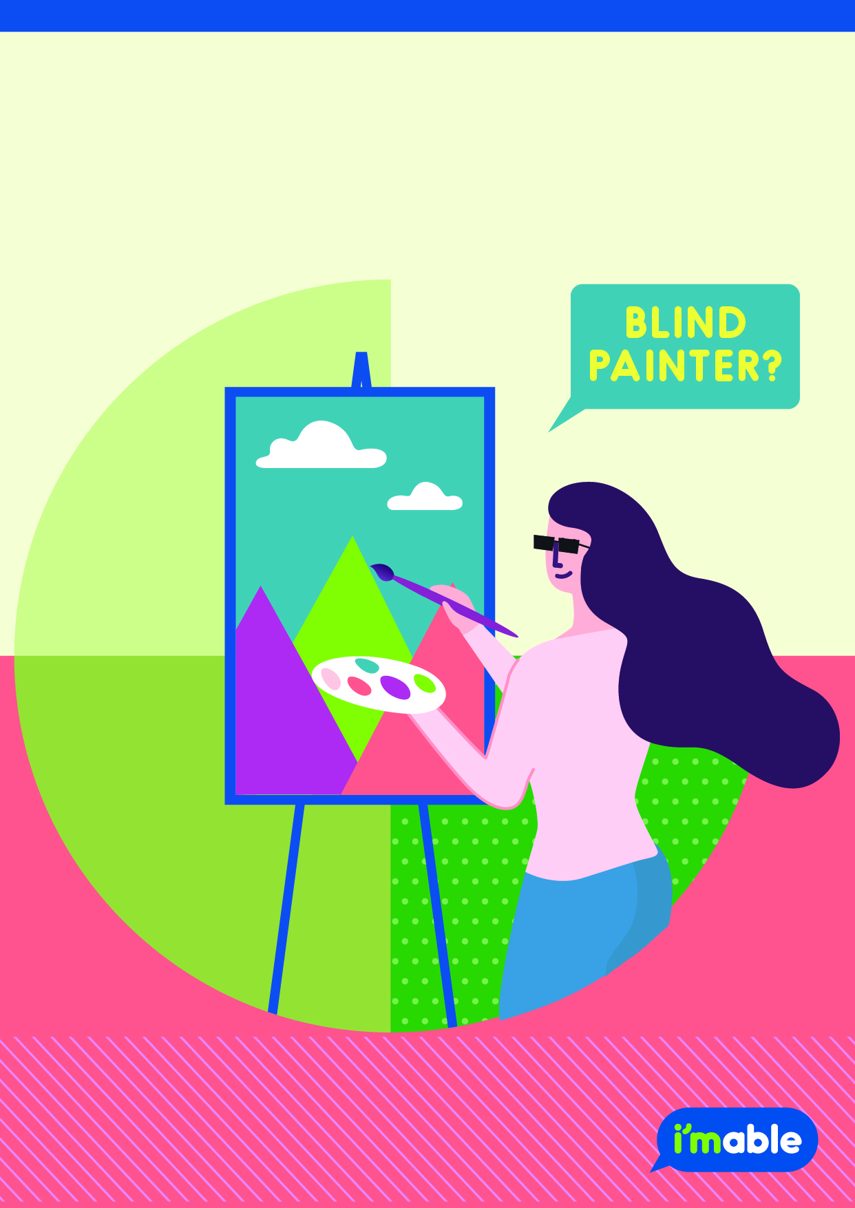 Illustration of a woman with visual impairment painting mountains.