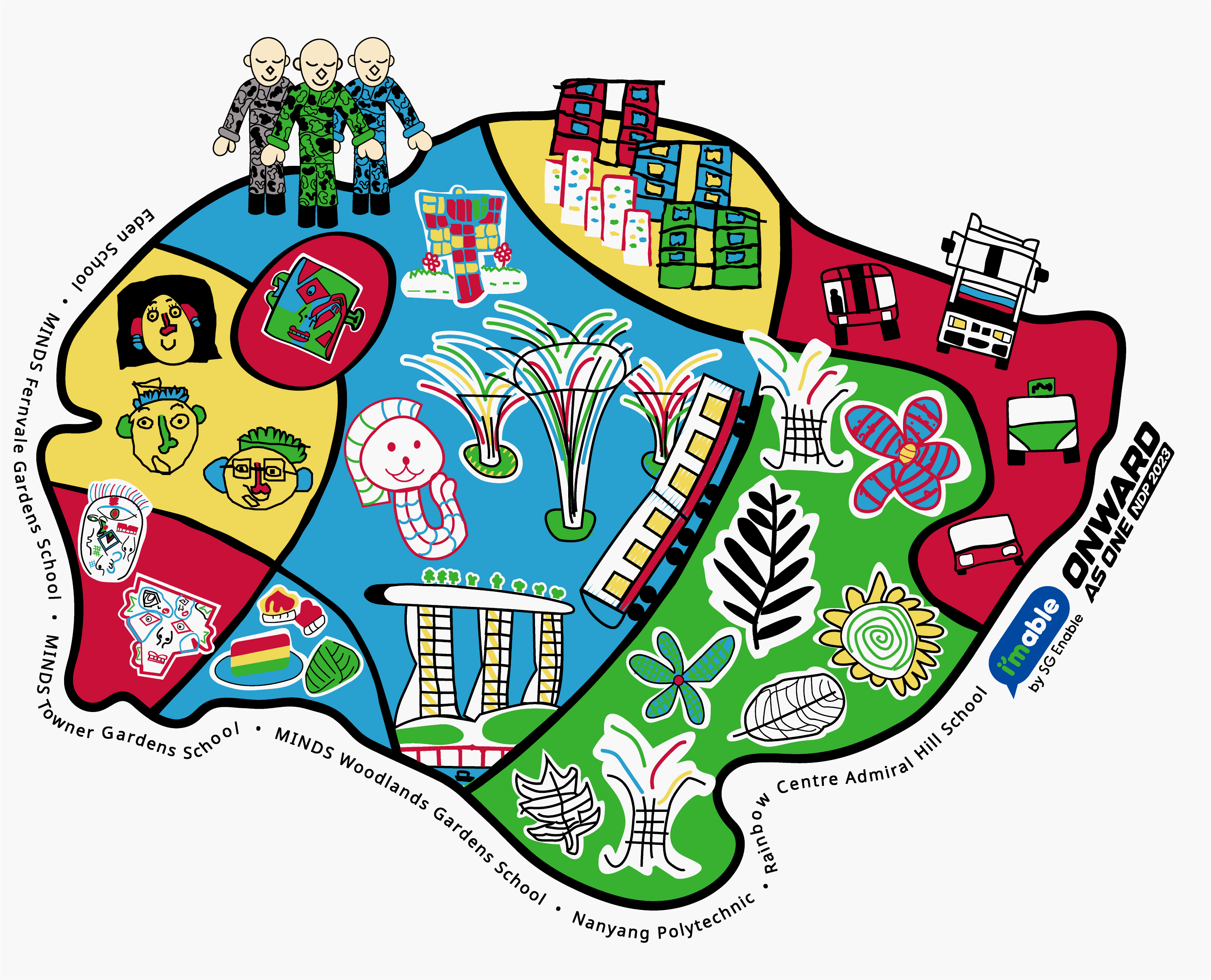 Diversity - A drawing of the Singapore map, with landmarks and specialties of each area drawn out.