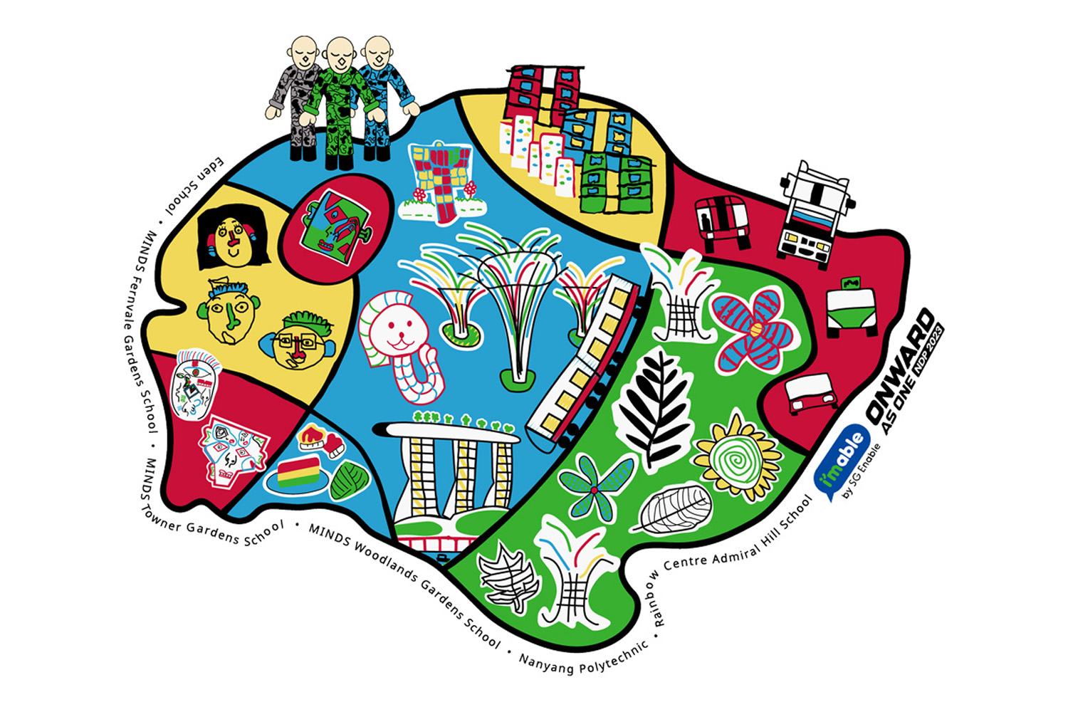 Diversity - A drawing of the Singapore map, with landmarks and specialties of each area drawn out.