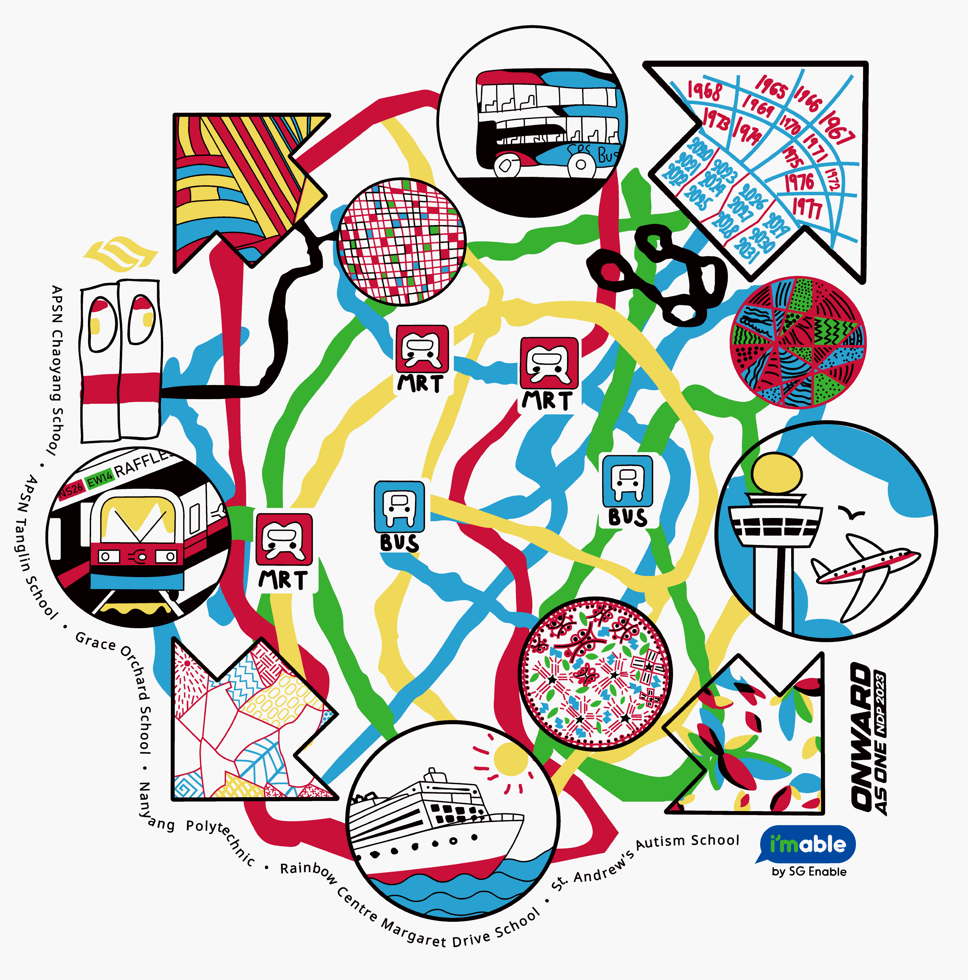 Connectedness - an artists' impression of the Singapore MRT map, with some close-up drawings of different local transport.