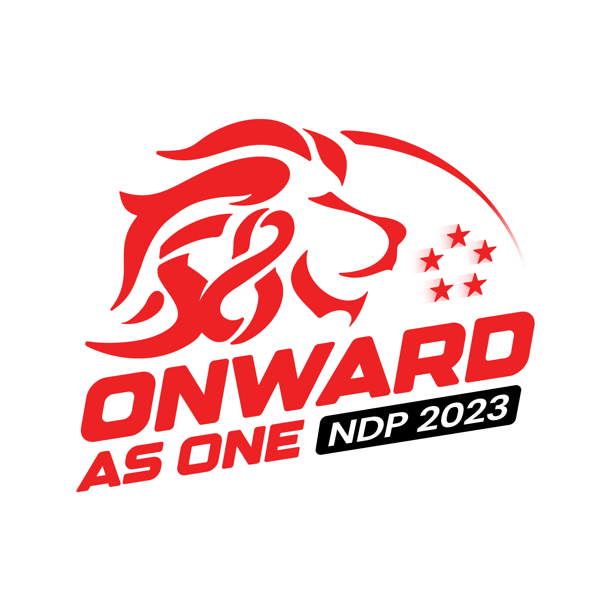 A red logo with a motif of a lion, the number 58, and 5 stars. Text reads, Onward as One, NDP 2023.