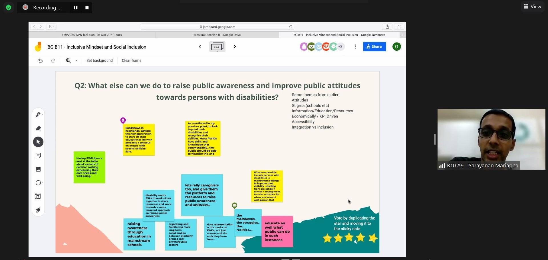 FGD Session Zoom screenshot showing a DPN member presenting a slide with ideas in post-it notes about what else can be done to raise public awareness and improve public attitudes towards persons with disabilities.