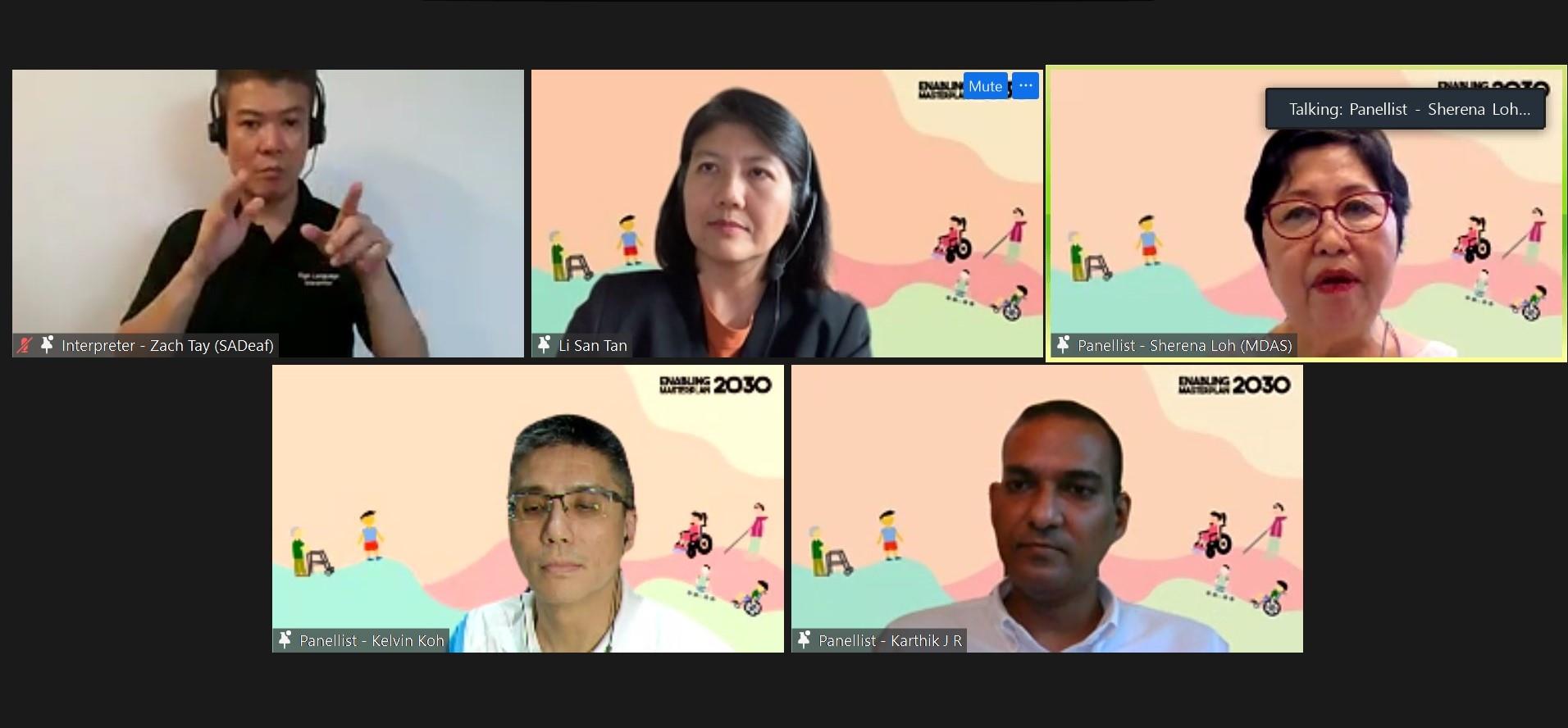 Panel Discussion Zoom screenshot showing four DPN members – key representatives from NCSS, MDAS, MINDS and AWWA – at a panel discussion with a sign language interpreter.