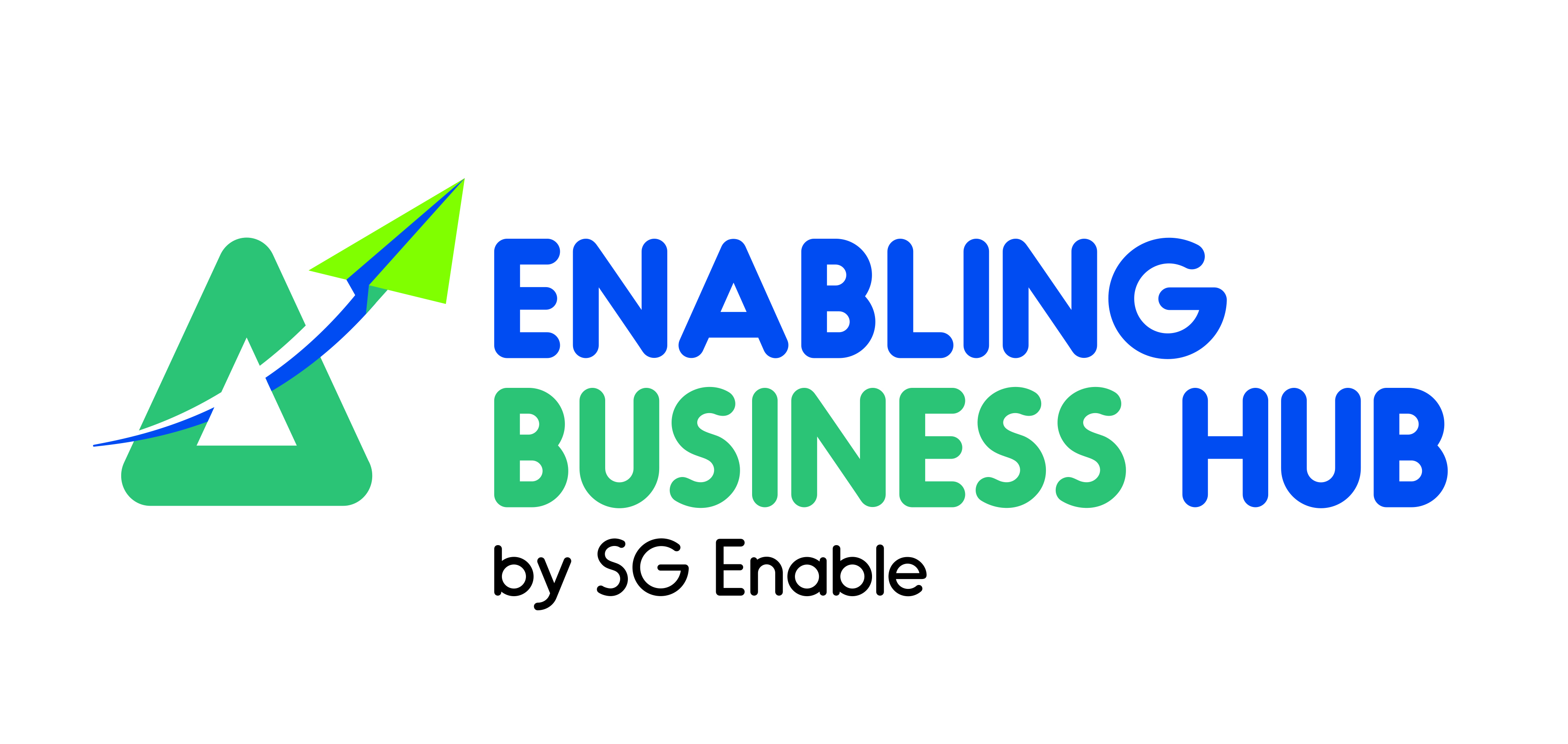 A paper plane launching off from a turqoise delta sign. Logo of Enabling Business Hub by SG Enable