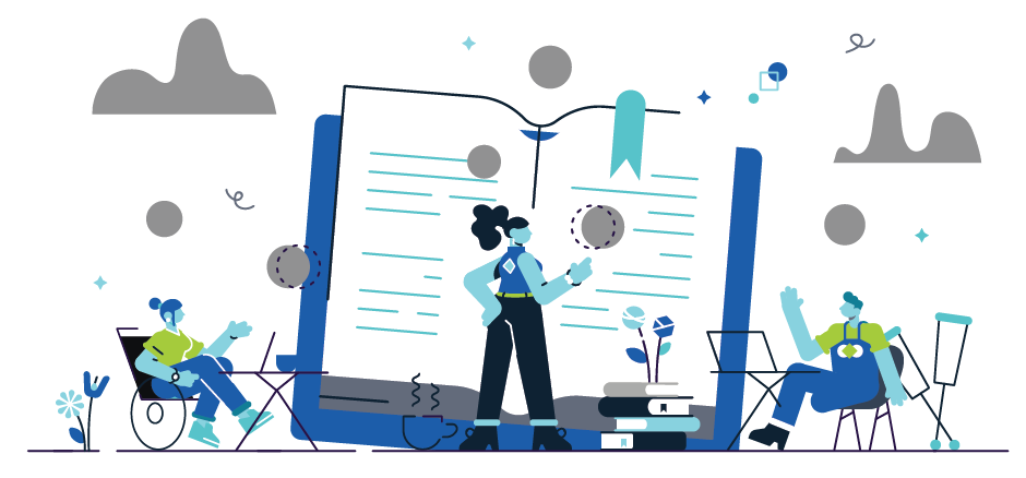 Visual graphic design Visual graphic design of two persons with disabilities seated next to a book. They are gesturing to the person standing in front of the book and pointing to some text within.