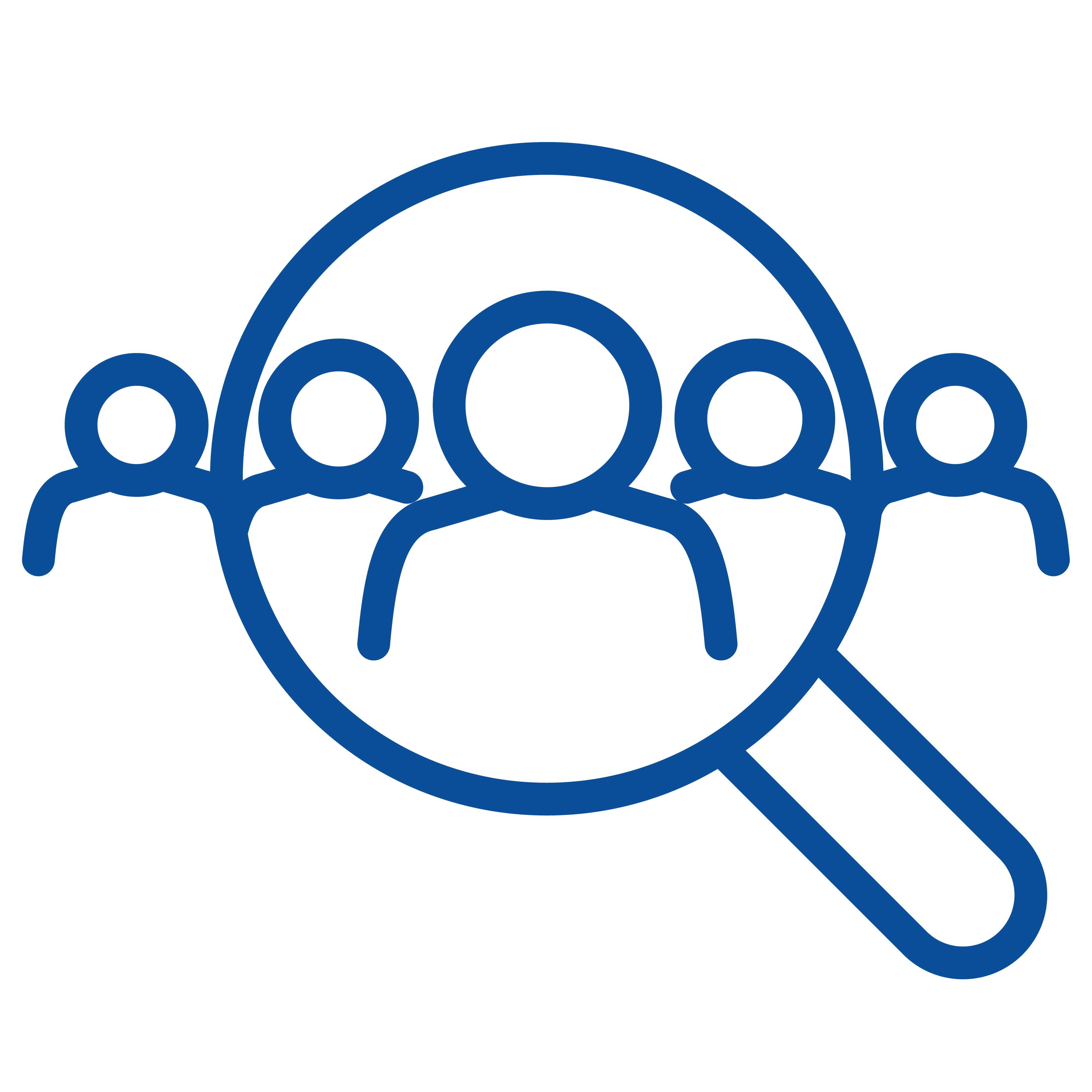 Icon showing a group of people under a magnifying glass.