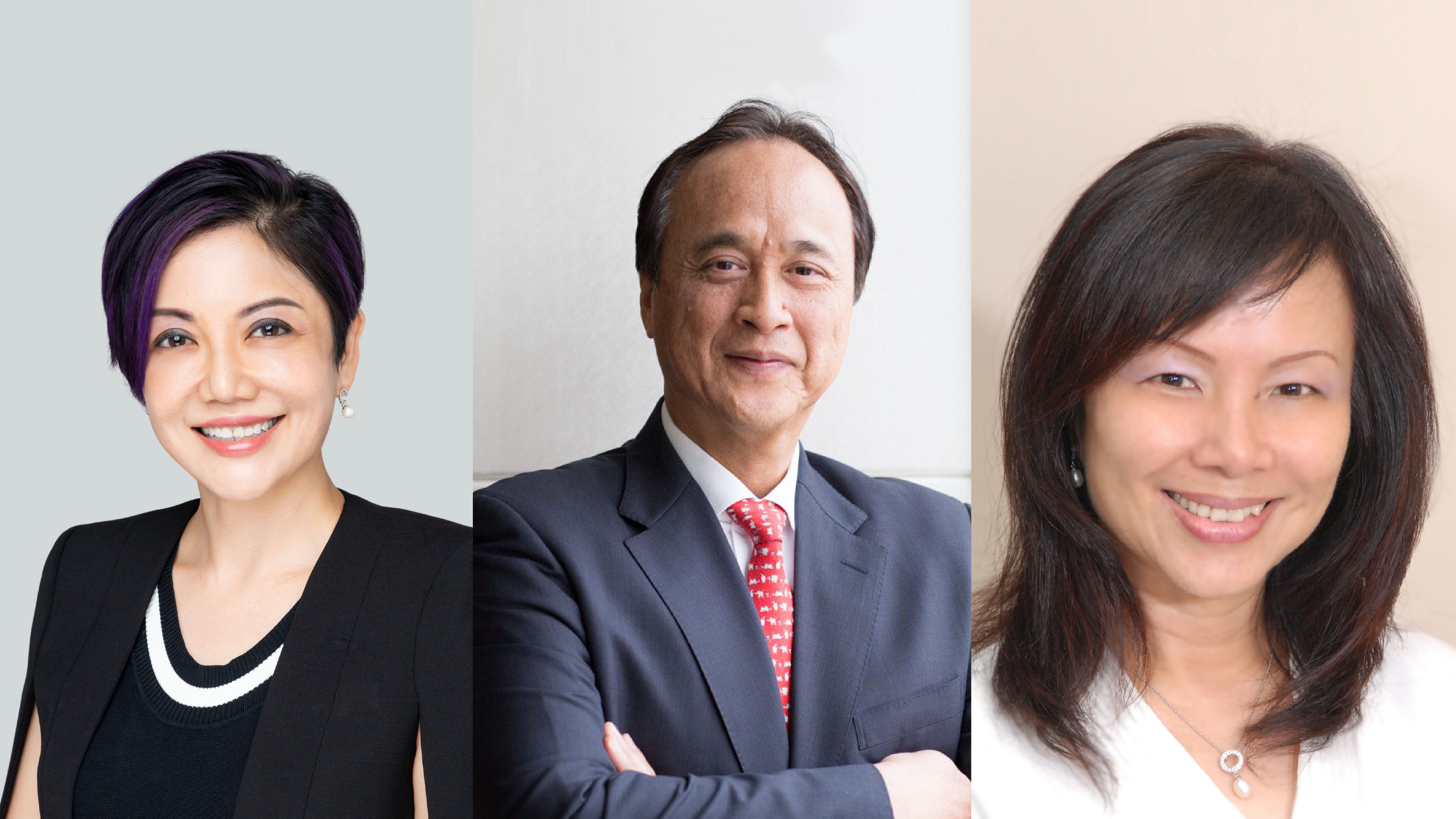 An image collage of 3 persons - a short-haired woman wearing a black outfit; a middle-aged man wearing a blue suit and red tie; a woman with mid-length hair wearing a white blouse and a necklace.