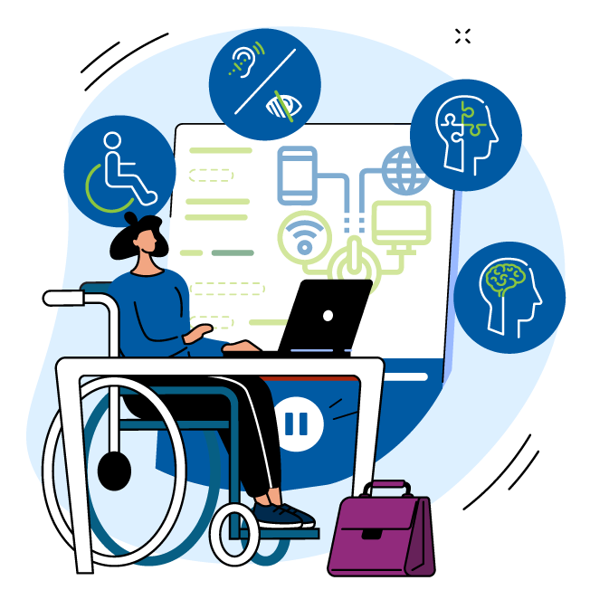 Illustration of a woman using a wheelchair using a laptop.