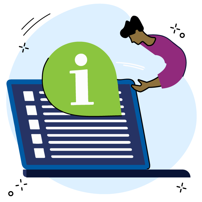 Illustration of a man looking to a laptop for information.