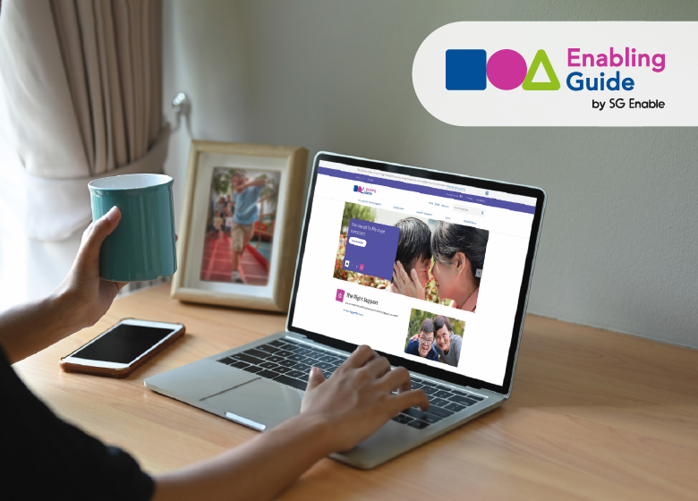 A woman using a laptop to browse the Enabling Guide website.