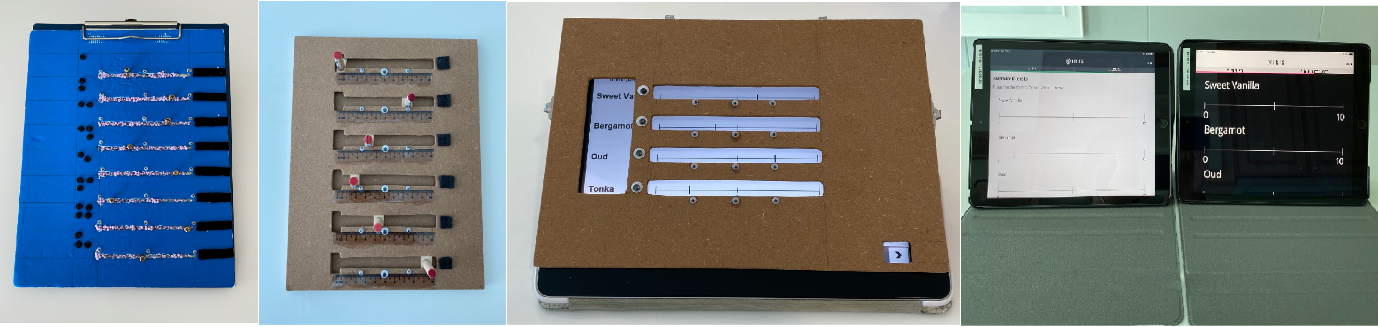 Evolution of the assistive devices used in evaluating fragrances. Early designs saw Braille, “goofy eyes” and grooves as tactile markers to guide the sensory panellists with visual impairment. They currently use IRIS, a digital application that allows all panellists to enter ratings independently on a tablet. Photo credit: Firmenich Asia Pte Ltd