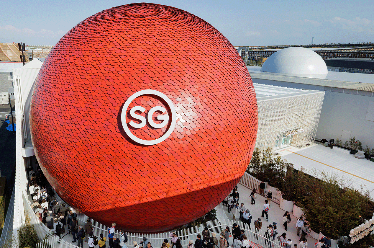 The Singapore pavilion at World Expo 2025 in Osaka, which looks like a red globe with a white SG.