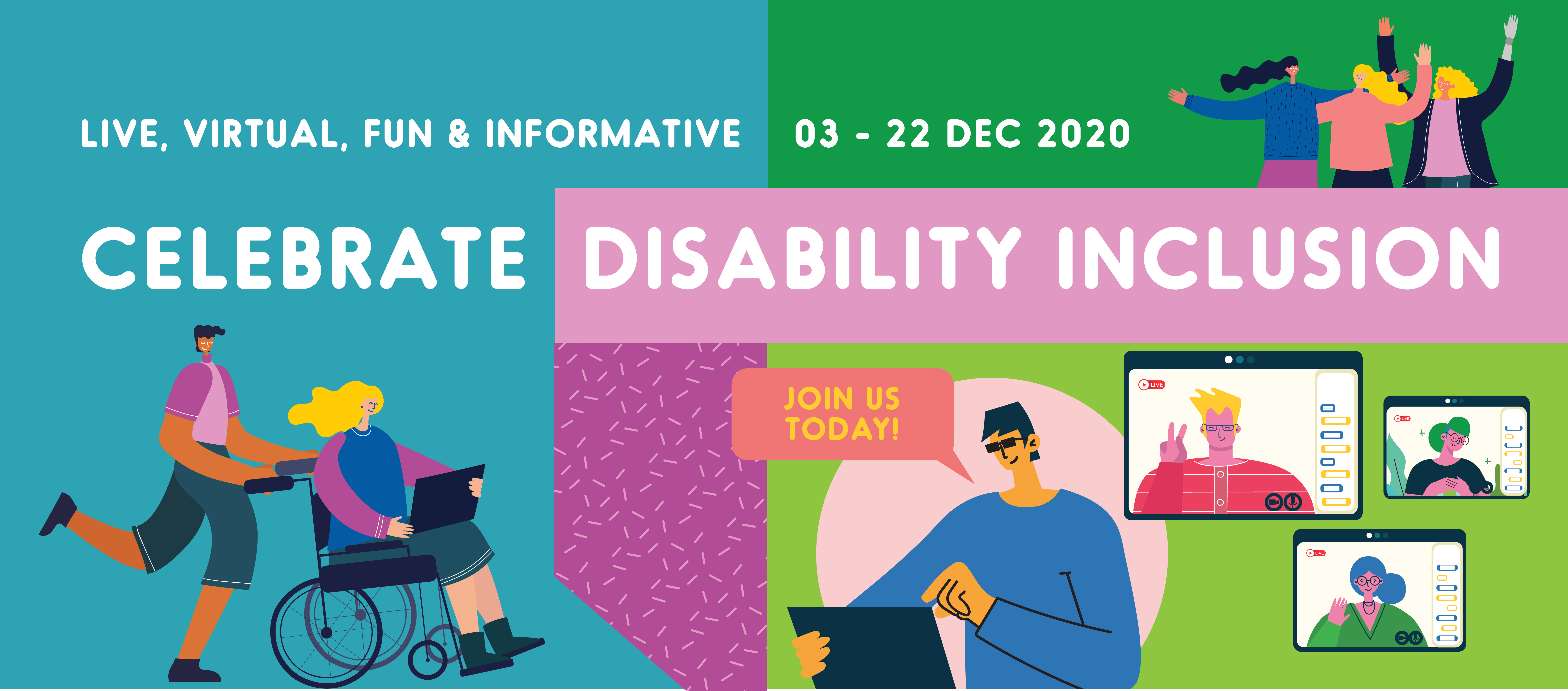 Banner of Enabling Lives Festival that says Live, Virtual, Fun and Informative. Celebrate Disability Inclusion.