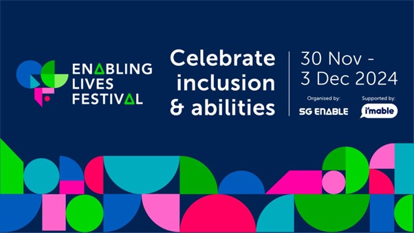 A dark blue banner decorated with colourful shapes, the text on it reads Enabling Lives Festival, 30 Nov to 3 Dec 2024