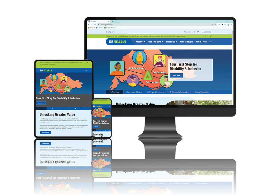Launch of SG Enable's New Corporate Website – Your First Stop for Disability & Inclusion Screenshots of SG Enable corporate website on desktop, mobile, and tablet