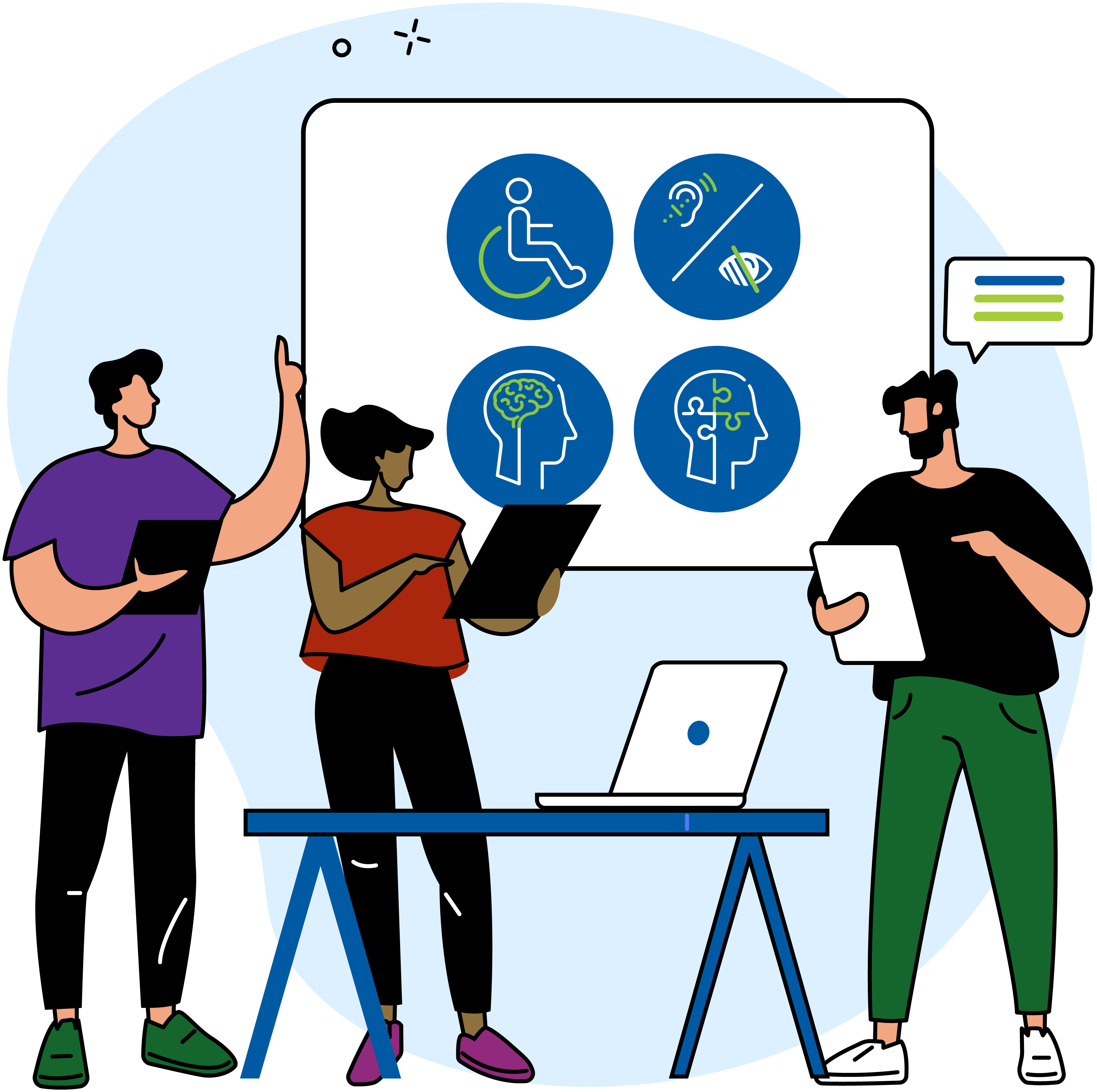 Illustration of three people standing with their tablet PCs. A whiteboard showing the four disability types and a laptop on the table are in the centre.