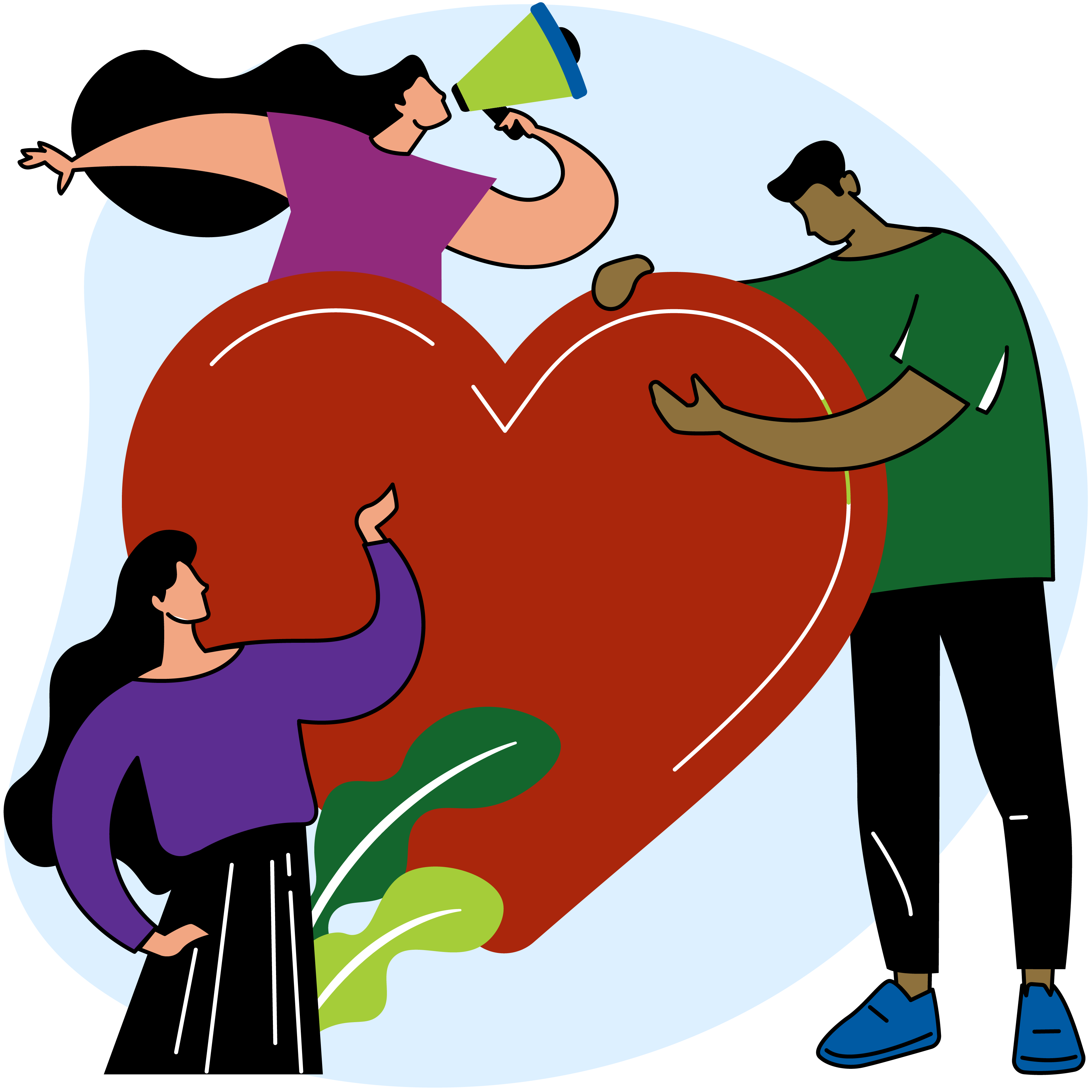 Illustration of three people, including one with a loudhailer, standing around a large heart shape.