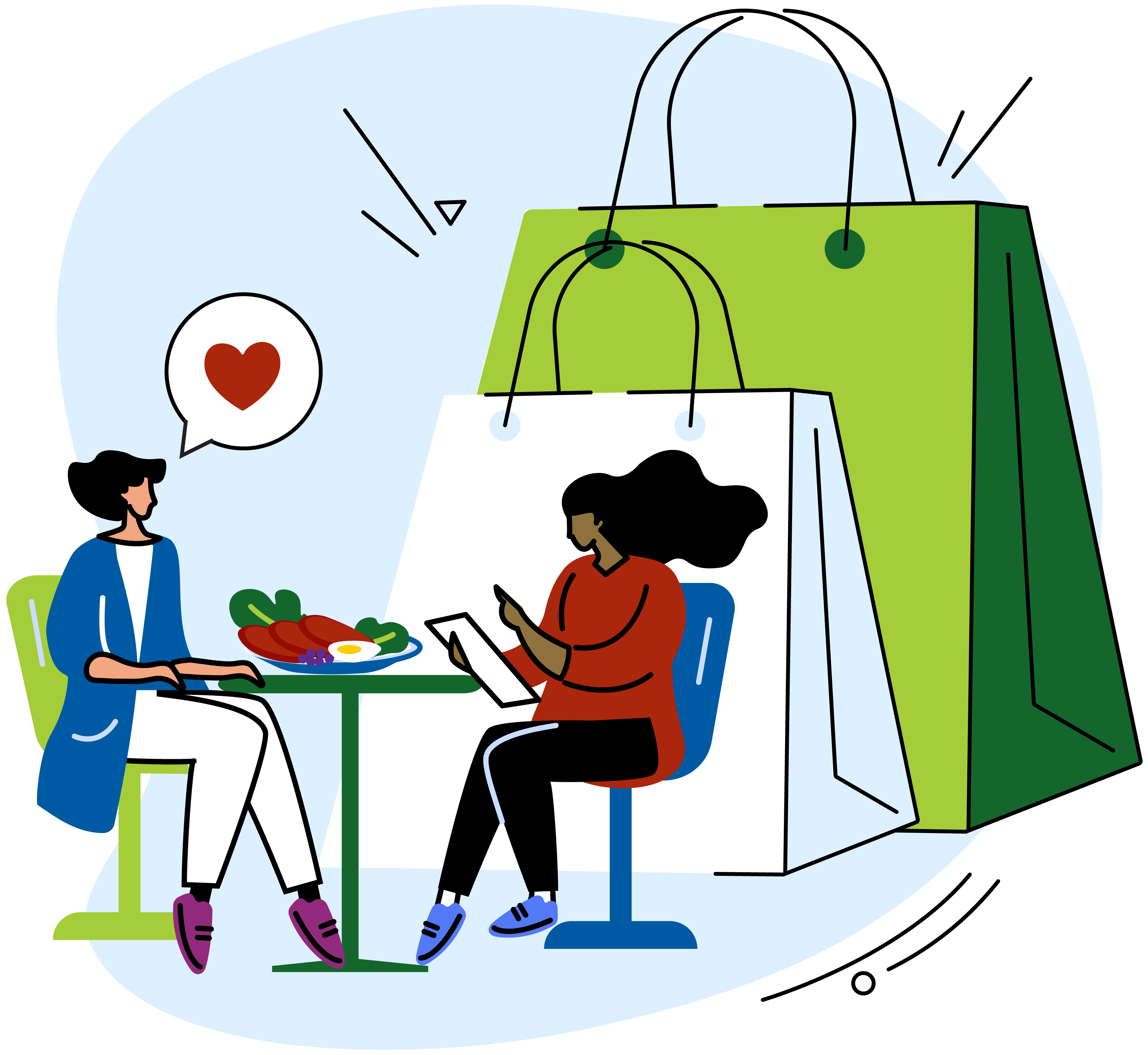 Illustration of two people having a meal, with two large shopping bags in the background