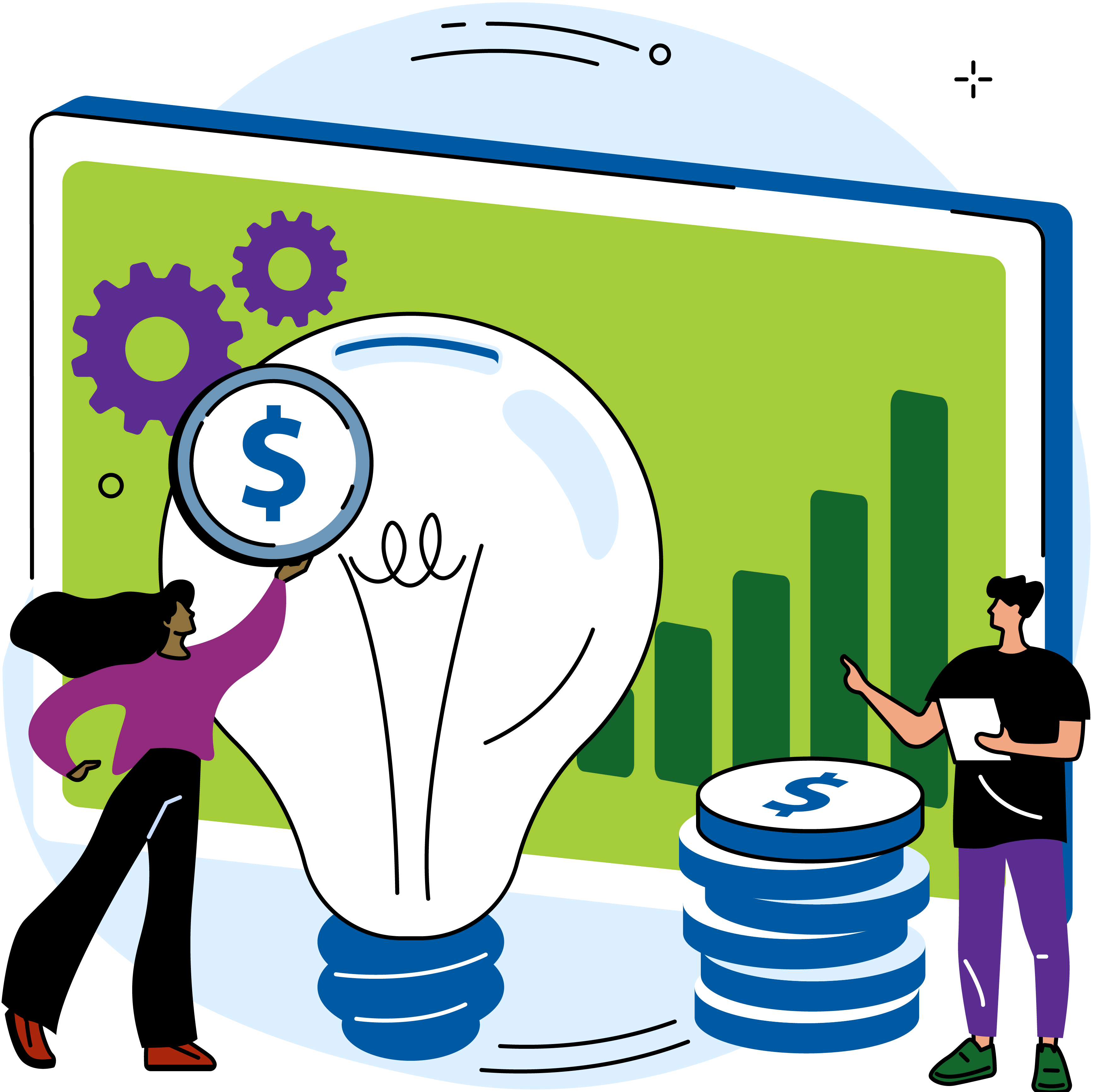 Illustration of two people with discs that have dollar signs on them. A large light bulb is in the centre. In the background, there is a poster with a bar graph and gears.