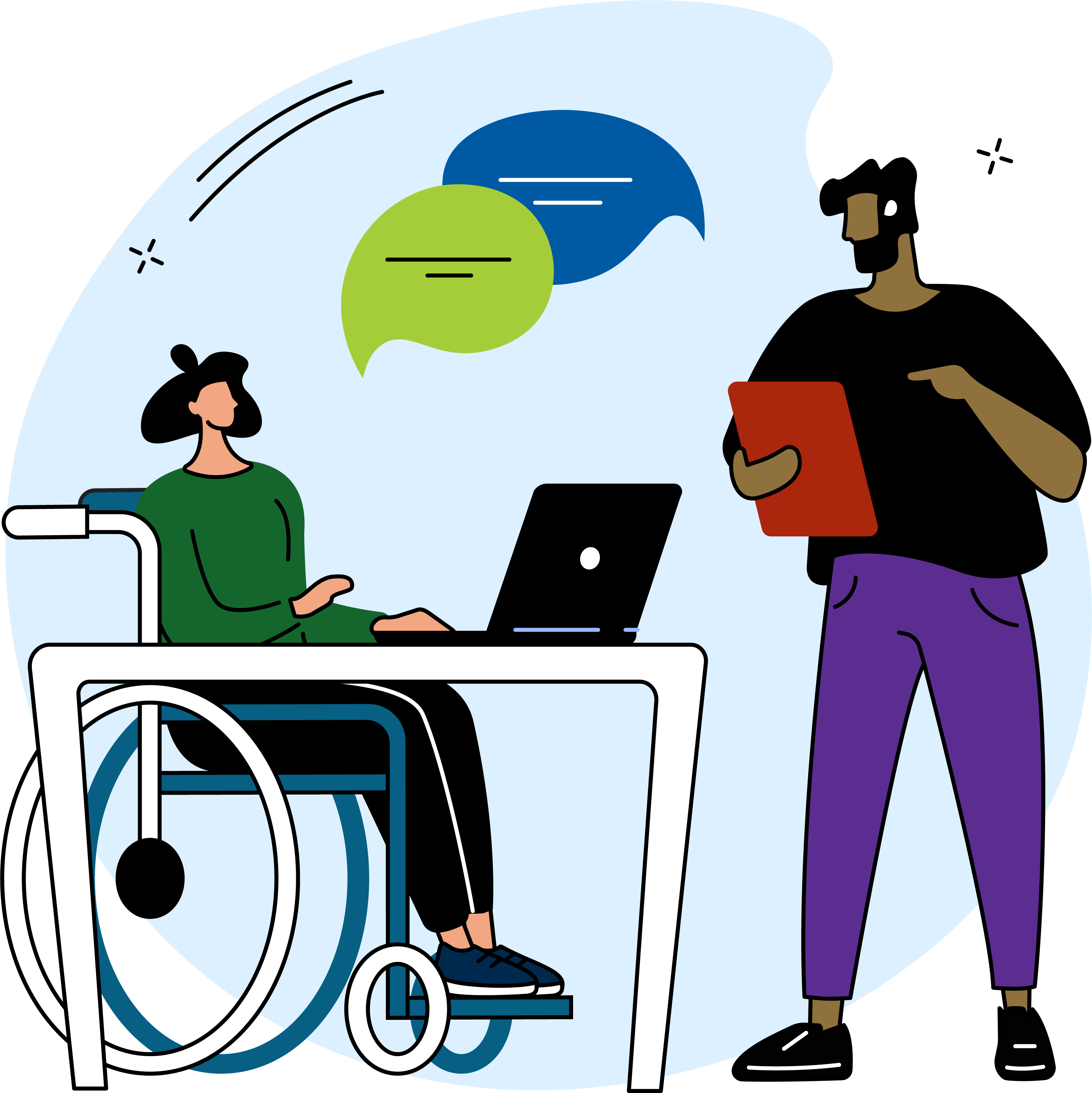 Illustration of a wheelchair user seated with her laptop having a conversation with her male colleague in a work setting.