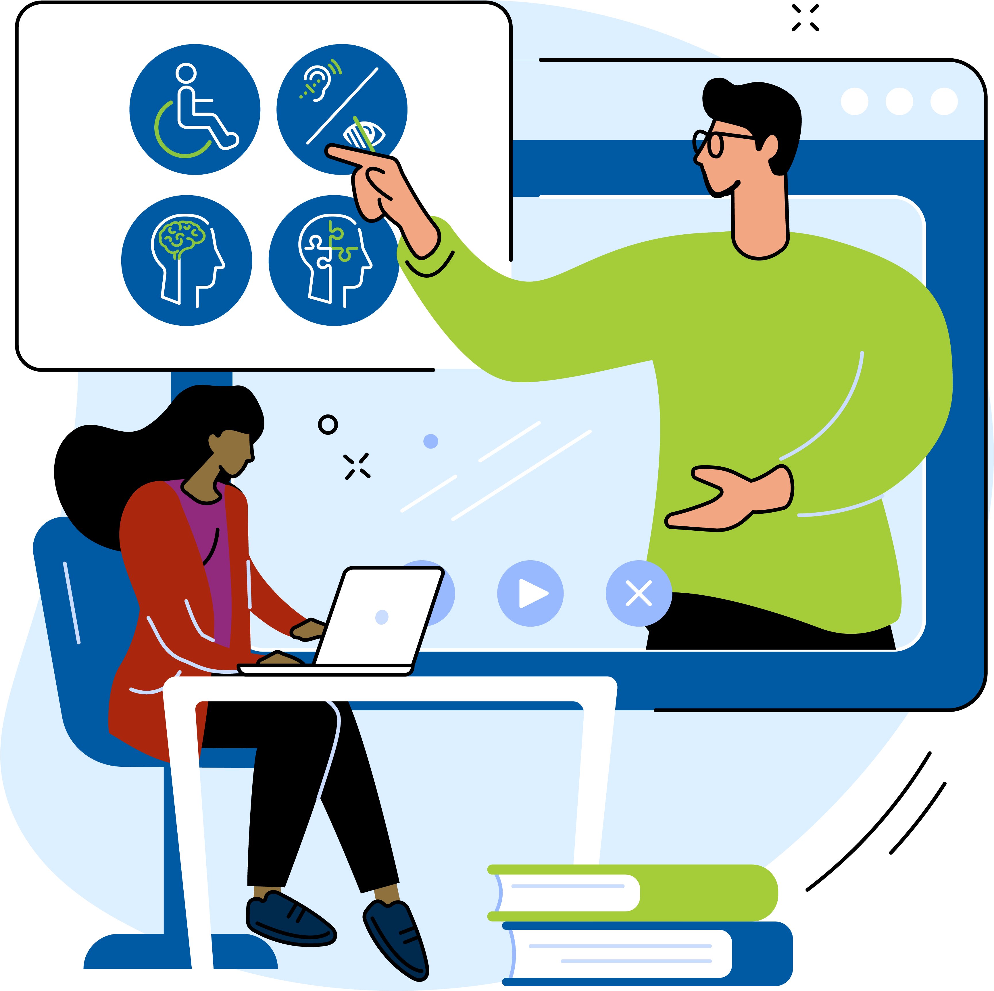 Illustration of a woman seated with her laptop, while a man points to four icons showing the different disability types