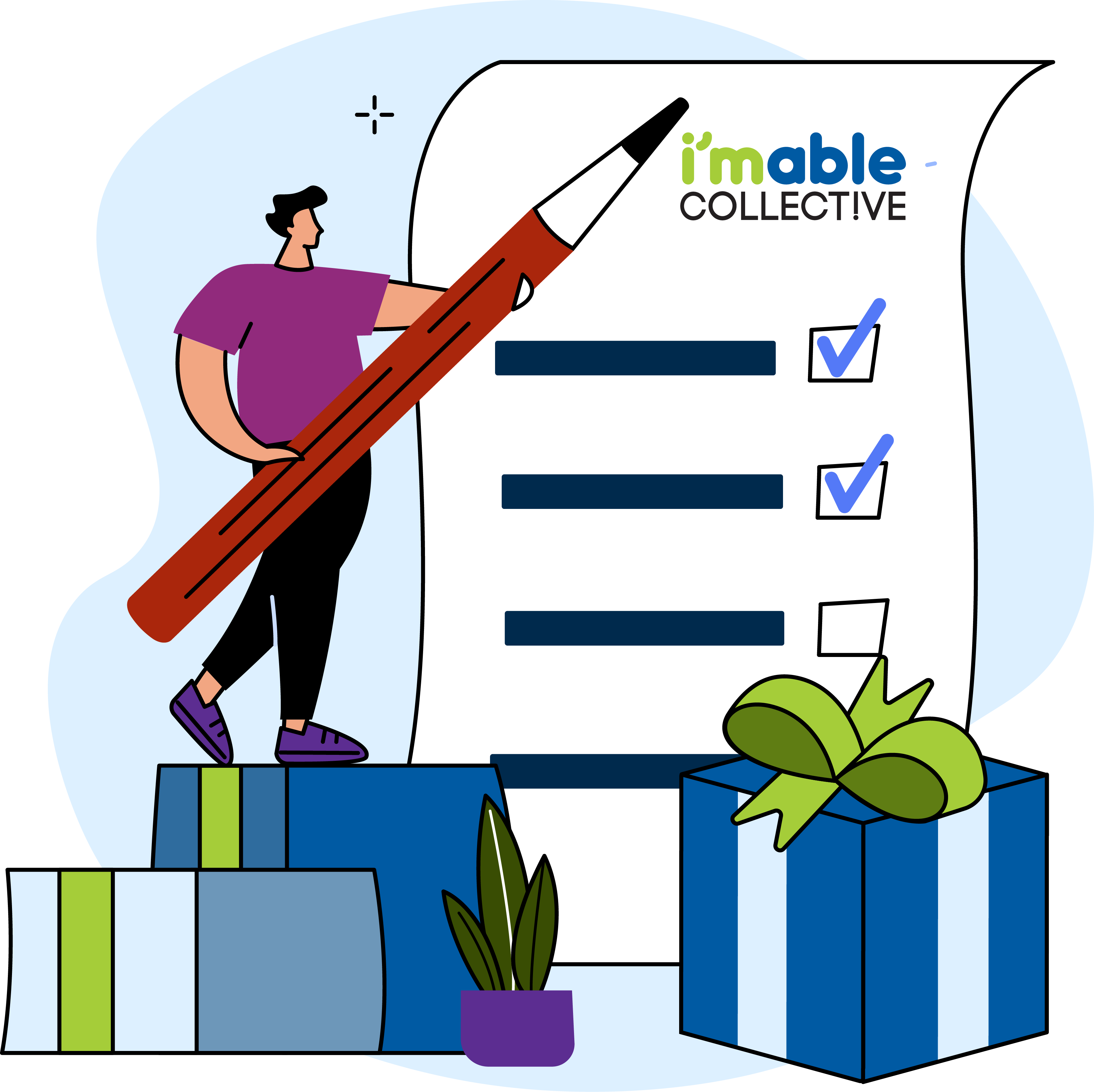 Illustration of a person standing on top of gifts, holding a large pencil and pointing it to a checklist with the i'mable Collective logo at the top-right corner of the checklist