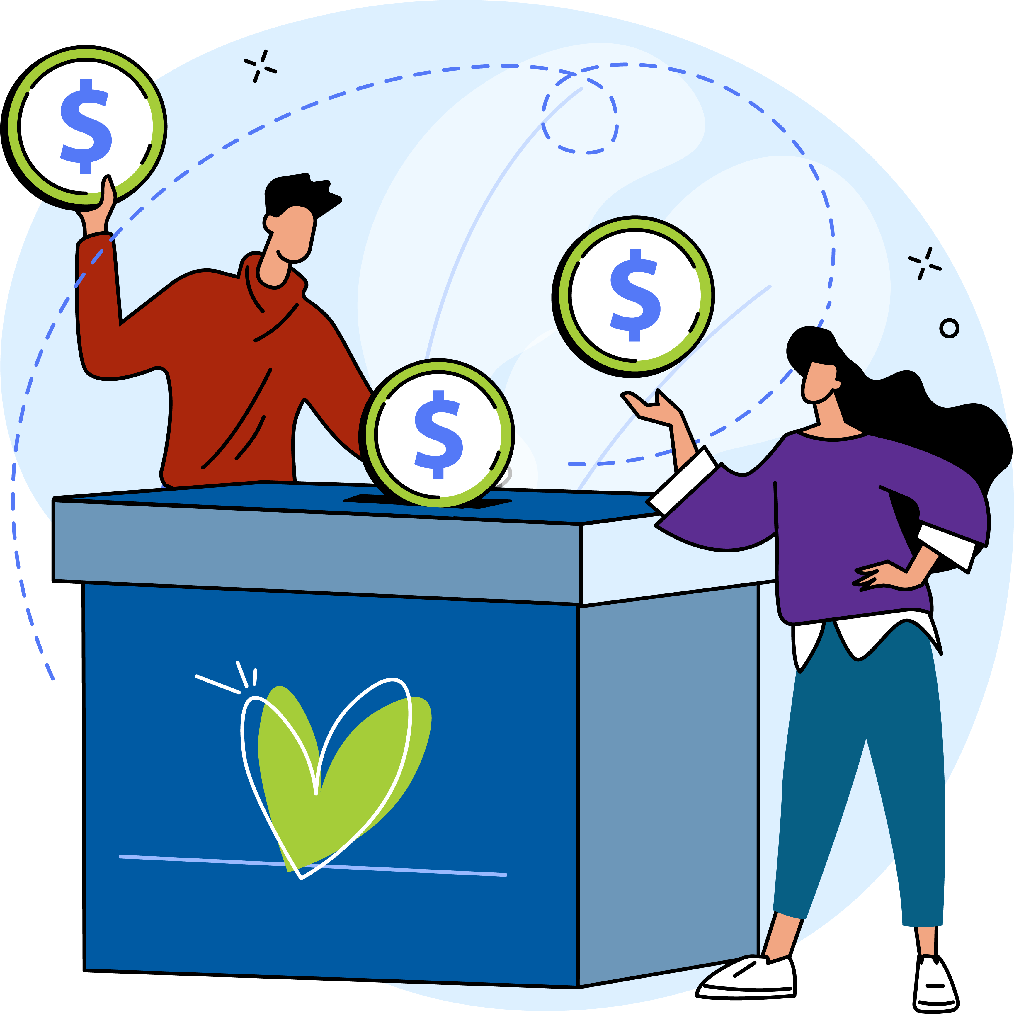 Illustration of two people holding discs with the dollar sign, standing near a large gift box with a heart design