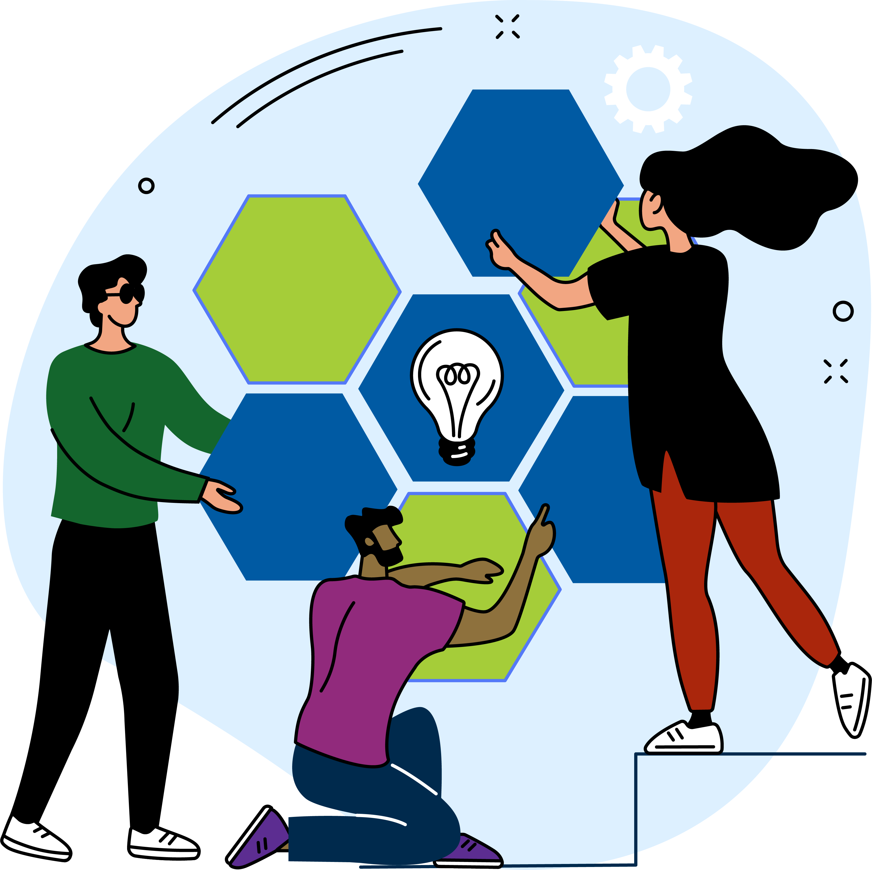 Illustration of three people assembling some hexagons together. One of the hexagons has a light bulb design on it