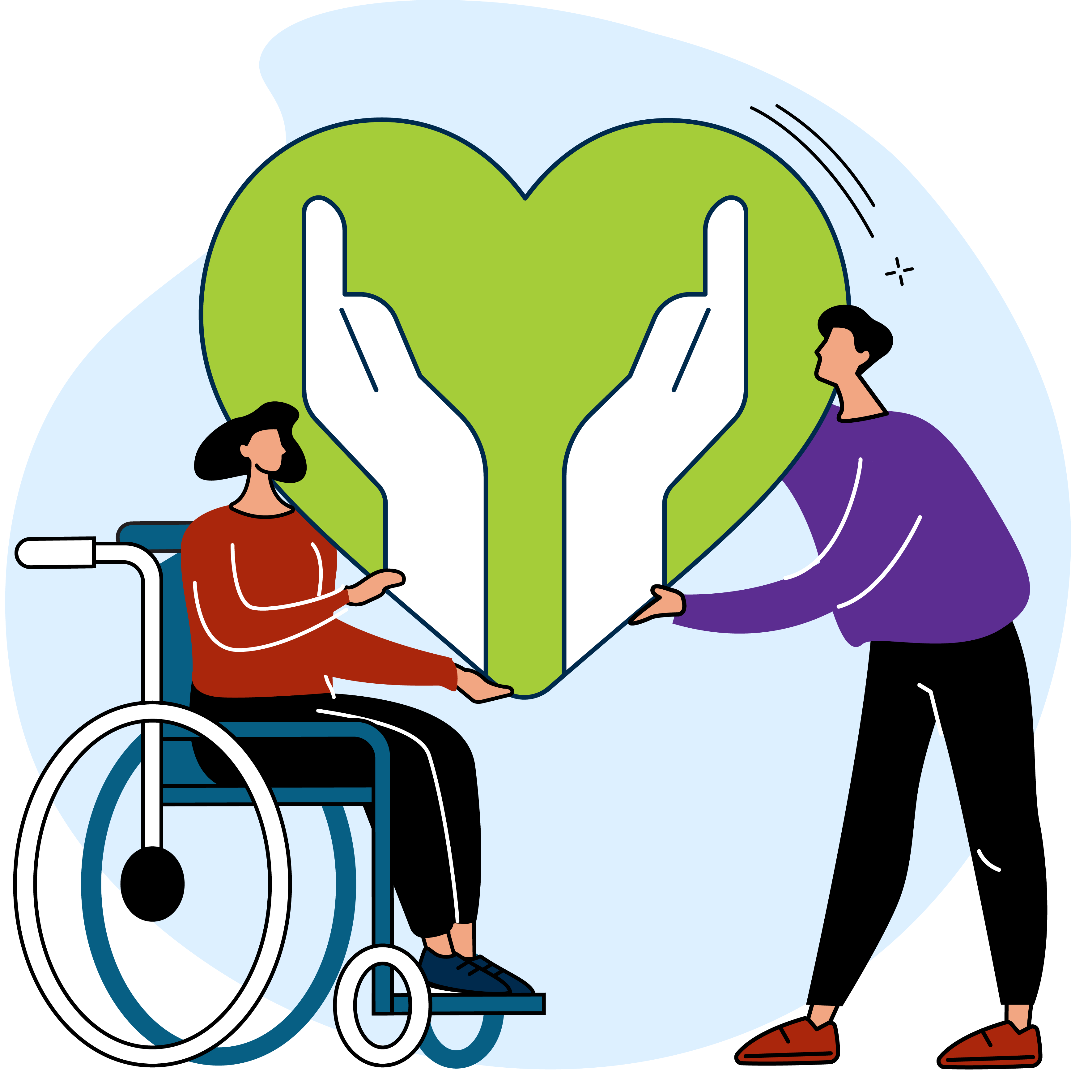 Illustration of two people, including a wheelchair user, holding a heart. Within the heart, there are two cupped hands pointing upwards.