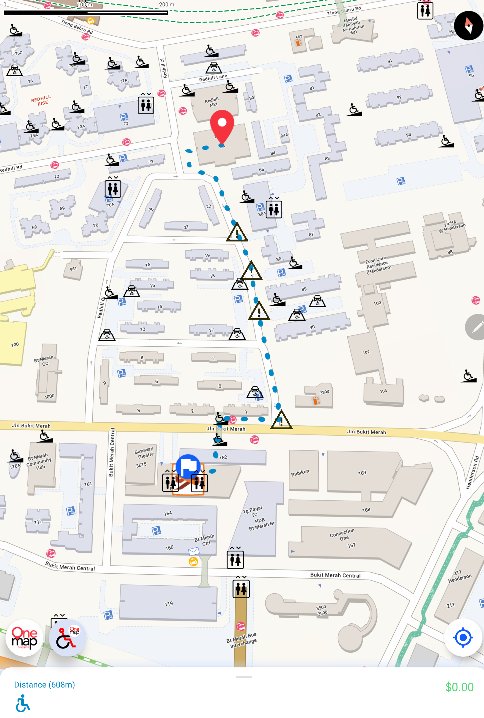 Mock-up of barrier-free access route in Bukit Merah on OneMap