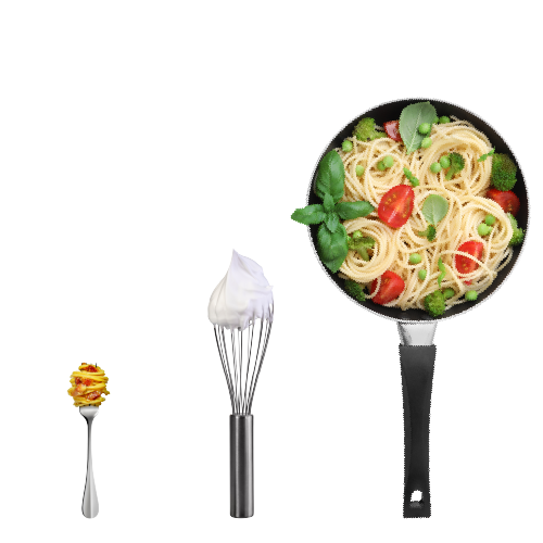 Photo of a spoon, a whisk, and a fry pan lined up in a row.