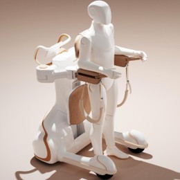 A white robotic device supporting a dummy human to stand.